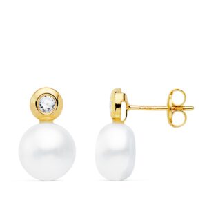 18K PENDIENTES ORO AMARILLO PERLA Y CHATON. 13X8 MM CIERRE PRESION