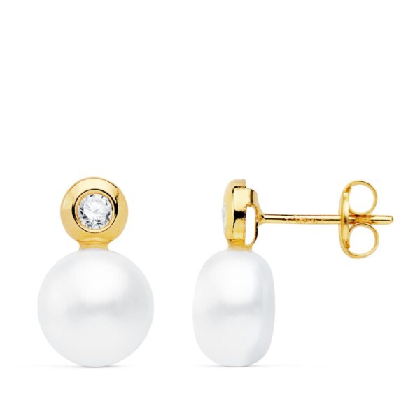 18K PENDIENTES ORO AMARILLO PERLA Y CHATON. 13X8 MM CIERRE PRESION