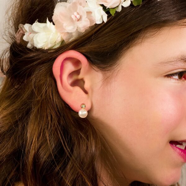 18K PENDIENTES ORO AMARILLO PERLA Y FLOR 12X8 MM CIERRE PRESION - Imagen 2