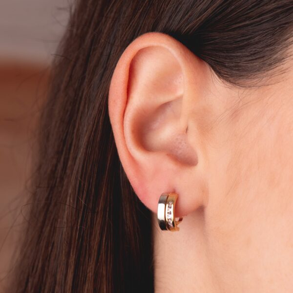 18K PENDIENTES ORO BICOLOR DOS BANDAS CON CIRCONITAS CARRIL. 12 X 5 MM. CIERRE CATALAN - Imagen 2