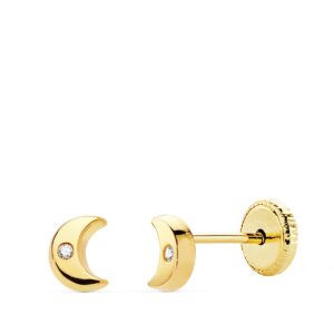 18K PENDIENTES ORO AMARILO LUNA CIRCONITA 4.5 X 3.5 MM CIERRE TUERCA