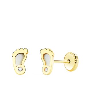 18K PENDIENTES ORO AMARILLO PIES CON NACAR 6X3.5 MM CIERRE TUERCA