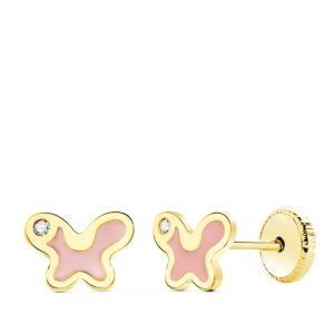 18K PENDIENTES ORO AMARILLO MARIPOSA ESMALTE ROSA 7X5 MM CIERRE TUERCA