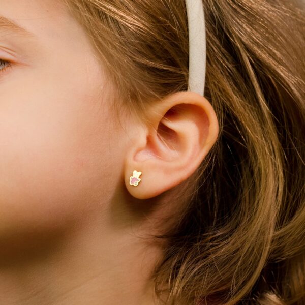 18K PENDIENTES ORO AMARILLO OSO ESMALTE ROSA 6X5 MM CIERRE TUERCA - Imagen 2