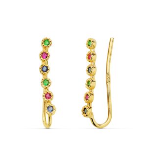 18K PENDIENTES ORO AMARILLO TREPADORES CIRCONITA COLORES. 15X2 MM