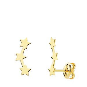 18K PENDIENTES ORO AMARILLO TREPADORES 12X3 MM ESTRELLAS CIERRE PRESION