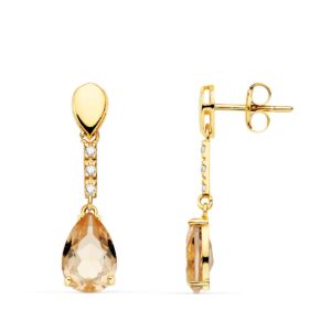 18K PENDIENTES ORO AMARILLO PIEDRA GOTA COLOR KUNCITA 28X7 MM CIERRE PRESION