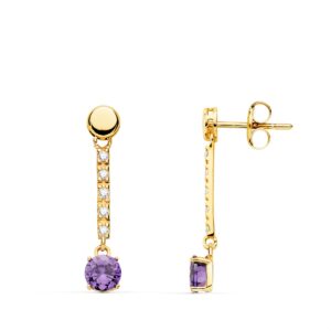 18K PENDIENTES ORO AMARILLO PIEDRA REDONDA COLOR AMATISTA 25X5 MM CIERRE PRESION