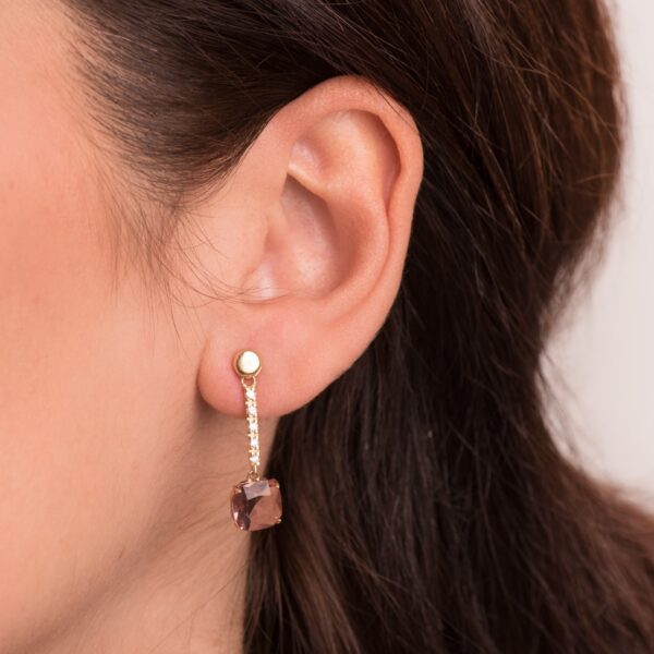 18K PENDIENTES ORO AMARILLO PIEDRA CUADRADA COLOR KUNCITA 28X8 MM CIERRE PRESION - Imagen 2