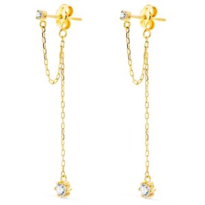 18K PENDIENTES ORO AMARILLO CIRCONITA CON DOBLE CADENA DE 3 CM CIERRE PRESION