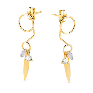 18K PENDIENTES ORO AMARILLO EAR JACKETCON CIRCULO, HOJA Y PIEDRA AZUL 27X7 MM. CIERRE PRESION