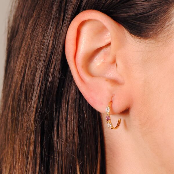 18K PENDIENTES ORO AMARILLO MEDIO ARO AMATISTA TALLA MARQUISE. 15X2 MM PRESION - Imagen 2