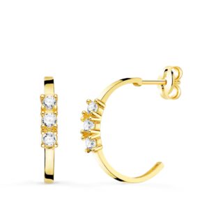 18K PENDIENTES AROS ABIERTOS ORO AMARILLO CON CIRCONITA 15 MM CIERRE PRESION