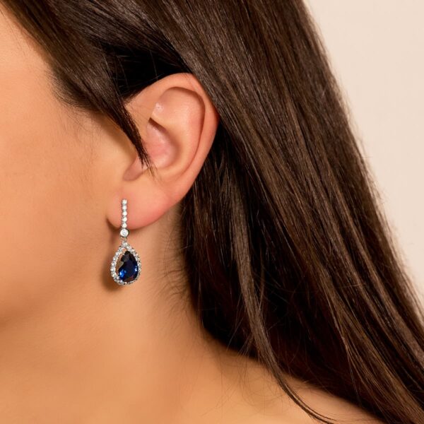 18K PENDIENTES ORO BLANCO DOS CUERPOS CON PIEDRA AZUL 12 X 8MM. 33X12MM CIERRE PRESION - Imagen 2