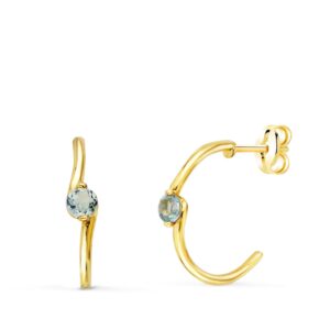 18K PENDIENTES ORO AMARILLO MEDIO ARO LISO CON AGUAMARINA 15X3 MM CIERRE PRESION.