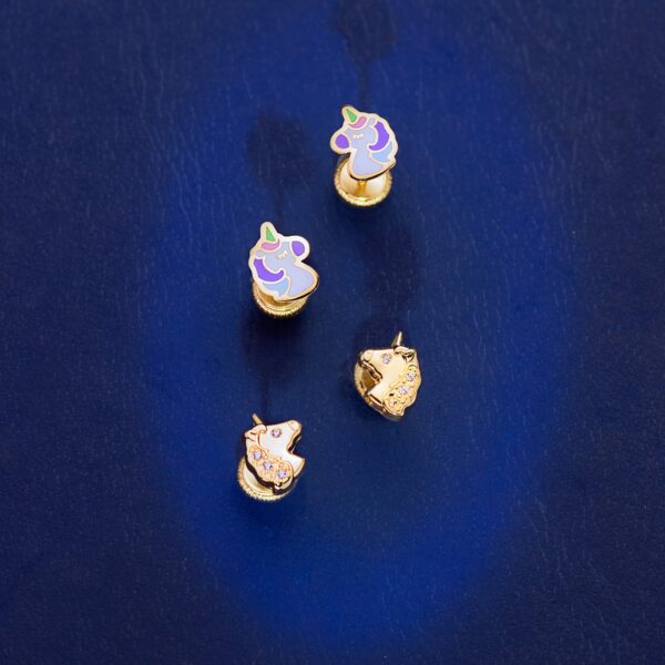 18K PENDIENTES ORO AMARILLO UNICORNIOS BRILLO CON CIRCONITA TUERCA 7,5 X 6MM - Imagen 2
