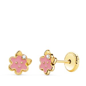 18K PENDIENTES ORO AMARILLO FLOR ESMALTE ROSA CIERRE TUERCA 6,5 X 6,5 MM