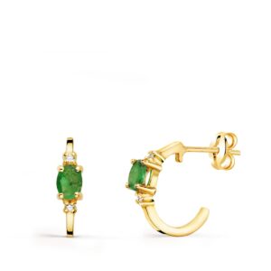 18K PENDIENTES ORO AMARILLO MEDIO ARO LISO CON ESMERALDAS 12X3 MM CIERRE PRESION.