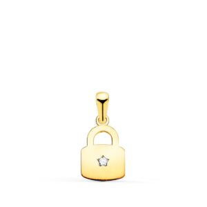 18K COLGANTE ORO AMARILLO CANDADO EN BRILLO CON CIRCONITA 14 X 9 MM