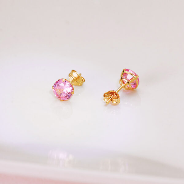 18K PENDIENTES ORO AMARILLO REDONDOS PIEDRA ROSA 6 MM. CIERRE PRESION - Imagen 2