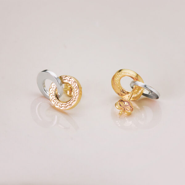 18K PENDIENTES ORO BICOLOR DOBLE ARO LISO Y GRECA 13 X 9 MM. CIERRE PRESION - Imagen 2
