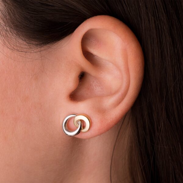 18K PENDIENTES ORO BICOLOR DOBLE ARO BRILLO 13 X 10 MM. CIERRE PRESION - Imagen 3