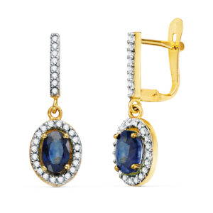 18K PENDIENTES ORO BICOLOR DOS CUERPOS ZAFIRO AZUL 6 X 4 MM Y CIRCONITAS. 22 X 8MM CIERRE CATALAN