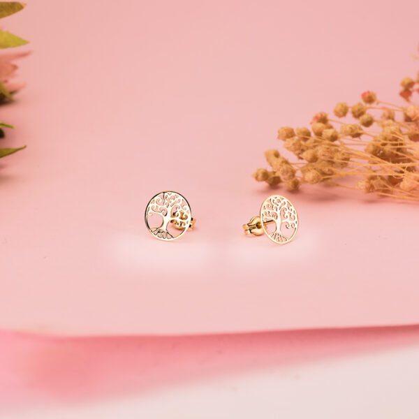 18K PENDIENTES ORO AMARILLO ARBOL DE LA VIDA EN BRILLO CALADOS 10 MM. CIERRE PRESION - Imagen 3