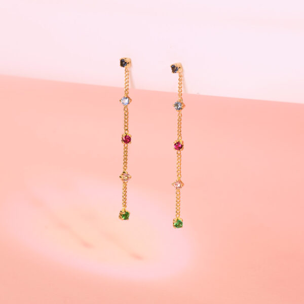 18K PENDIENTES ORO AMARILLO LARGOS CON CADENA Y CIRCONITA COLORES 39 MM. CIERRE PRESION - Imagen 2
