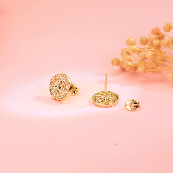 18K PENDIENTES ORO AMARILLO REDONDOS CON CIRCONITA MULTICOLOR 9 MM. CIERRE PRESION - Imagen 3
