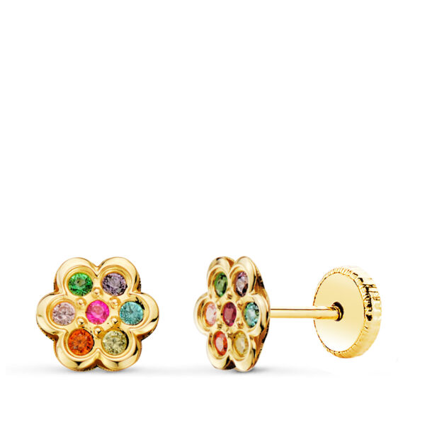 18K PENDIENTES ORO AMARILLO FLOR CON CIRCONITA COLORES 6X6 MM CIERRE TUERCA