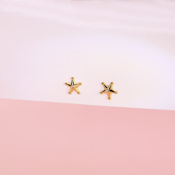 18K PENDIENTES ORO AMARILLO ESTRELLA SHERIFF CON BOLITAS Y CIRCONITAS. 7X7 MM CIERRE PRESION - Imagen 2