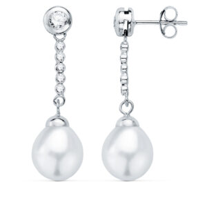 18K PENDIENTES ORO BLANCO PERLA Y CHATON CON CIRCONITA 30X8MM PRESION