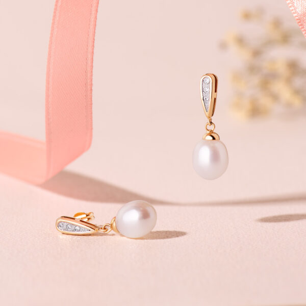 18K PENDIENTES ORO BICOLOR DOS CUERPOS CON PERLAS Y CIRCONITA 25 X 9MM PRESION - Imagen 2