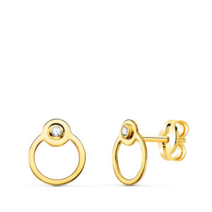 18K PENDIENTES ORO AMARILLO REDONDOS CON CIRCULO Y CIRCONITA. CIERRE PRESION 7 X 6 MM