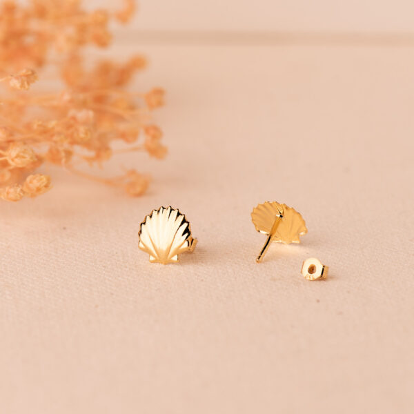 9K PENDIENTES ORO AMARILLO CONCHA BRILLO 8 X 8 MM. CIERRE PRESION - Imagen 2