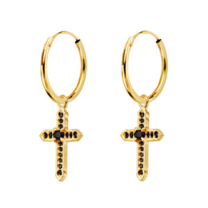 18K AROS ORO AMARILLO TUBO CON COLGANTE CRUZ CIRCONITA NEGRAS 17X12 MM ARO 14X1 MM
