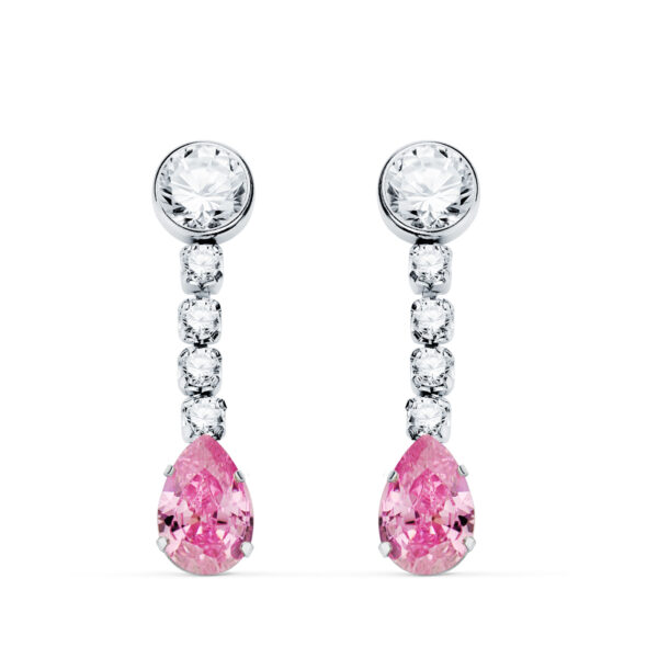 18K PENDIENTES ORO BLANCO PIEDRA ROSA GOTA Y CIRCONTIAS. 22X5 MM. CIERRE PRESION - Imagen 2