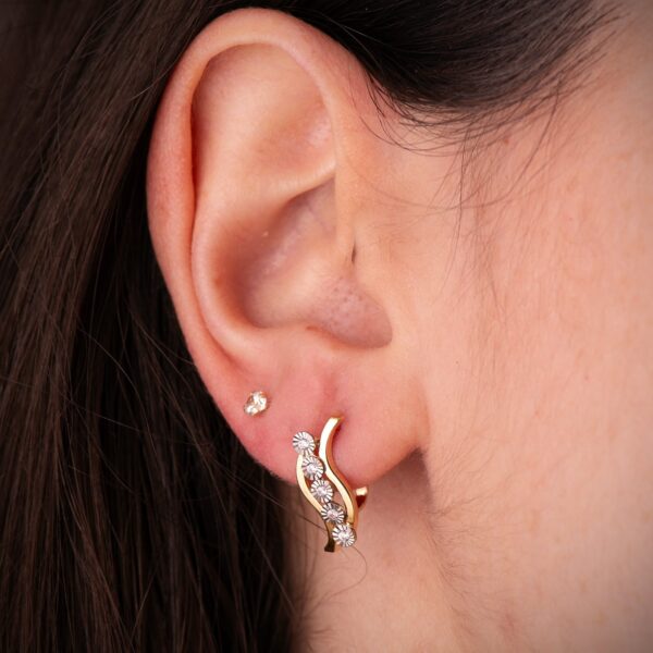 18K PENDIENTES ORO BICOLOR BANDAS Y MOTIVOS REDONDOS TALLADOS. 17 X 7 MM. CIERRE CATALAN - Imagen 2