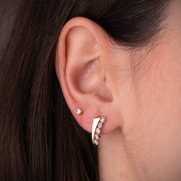 18K PENDIENTES ORO BICOLOR BANDAS Y MOTIVOS REDONDOS TALLADOS. 14 X 6 MM. CIERRE CATALAN - Imagen 2