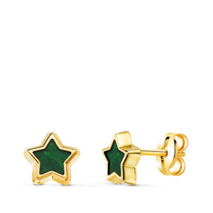 18K PENDIENTES ORO AMARILLO ESTRELLA CON MALAQUITA 7X7 MM. CIERRE PRESION