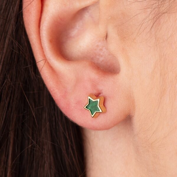 18K PENDIENTES ORO AMARILLO ESTRELLA CON MALAQUITA 7X7 MM. CIERRE PRESION - Imagen 3