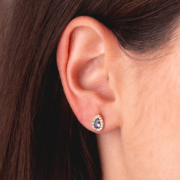 18K PENDIENTES ORO AMARILLO PIEDRA GOTA AZUL Y CIRCONITAS. 8,5 X 6 MM. CIERRE PRESION - Imagen 2