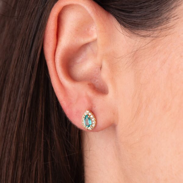 18K PENDIENTES ORO AMARILLO PIEDRA GOTA TOPACIO PARAIBA Y CIRCONITAS. 8,5 X 6 MM. CIERRE PRESION - Imagen 2