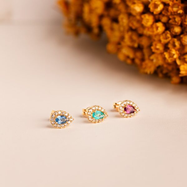 18K PENDIENTES ORO AMARILLO PIEDRA GOTA TOPACIO PARAIBA Y CIRCONITAS. 8,5 X 6 MM. CIERRE PRESION - Imagen 3
