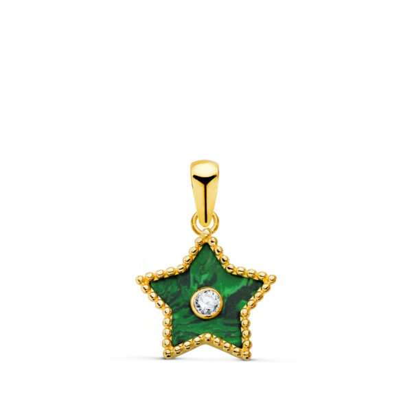 18K COLGANTE ORO AMARILLO ESTRELLA CERCO BOLITAS Y MALAQUITA CON CIRCONITA 12X11 MM.