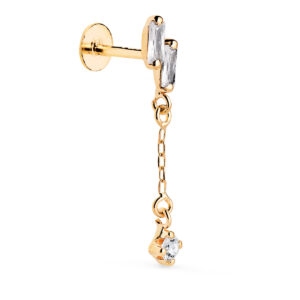 18K PIERCING DE OREJA ORO AMARILLO CON 2 CIRCONITAS BAGUETTE Y CADENA. GRUESO BARRA 1.20 MM. MEDIDA: 24 X 4 MM. CIERRE TUERCA