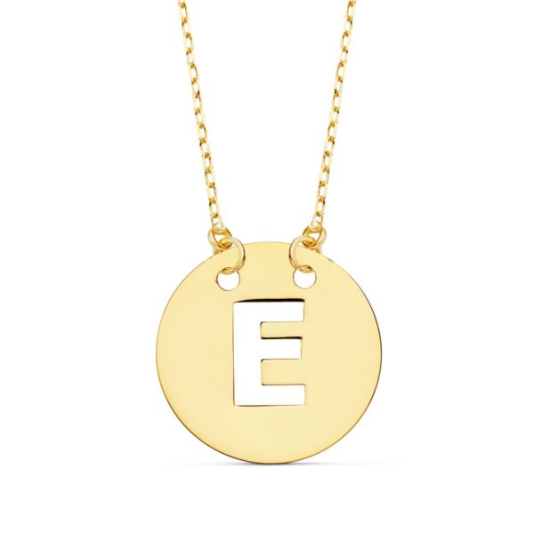 18K COLGANTE ORO AMARILLO LETRA " E " 15 MM CADENA FORZADA 42CM
