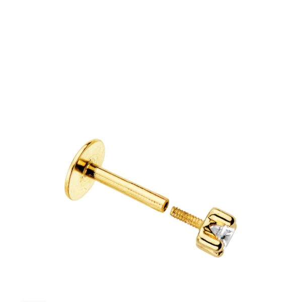 18K PIERCING LABIO ORO AMARILLO CIRCONITA GARRAS 2.5 MM GRUESO BARRA 1.20 MM LONGITUD 7 MM TOTAL PIERCING 9 MM CIERRE TUERCA - Imagen 2