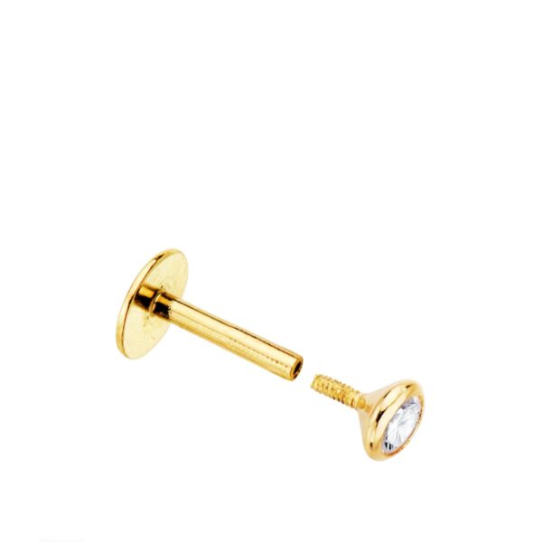 18K PIERCING LABIO ORO AMARILLO CIRCONITA BOCEL 3 MM GRUESO BARRA 1.20 MM LONGITUD 7 MM TOTAL PIERCING 9 MM CIERRE TUERCA - Imagen 2